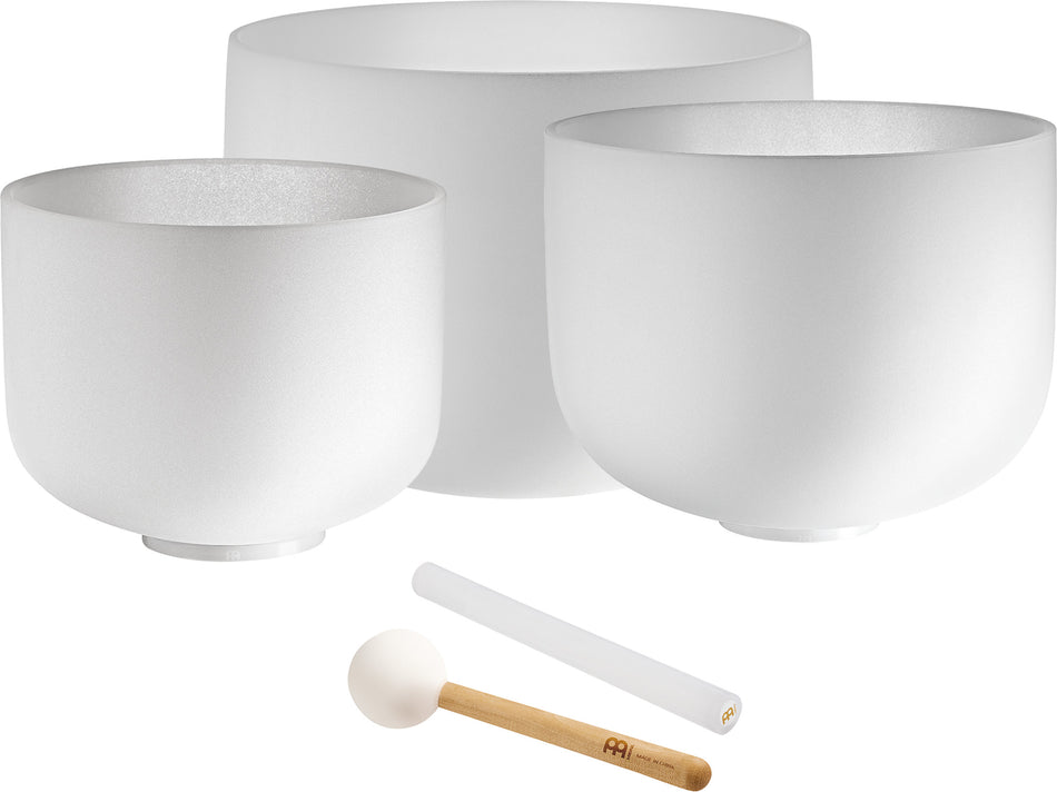 Meinl Sonic Energy Crystal Singing Bowl Set, white-frosted, Note G4, E4, C4, Throat Chakra, Solarplexus Chakra, Root Chakra