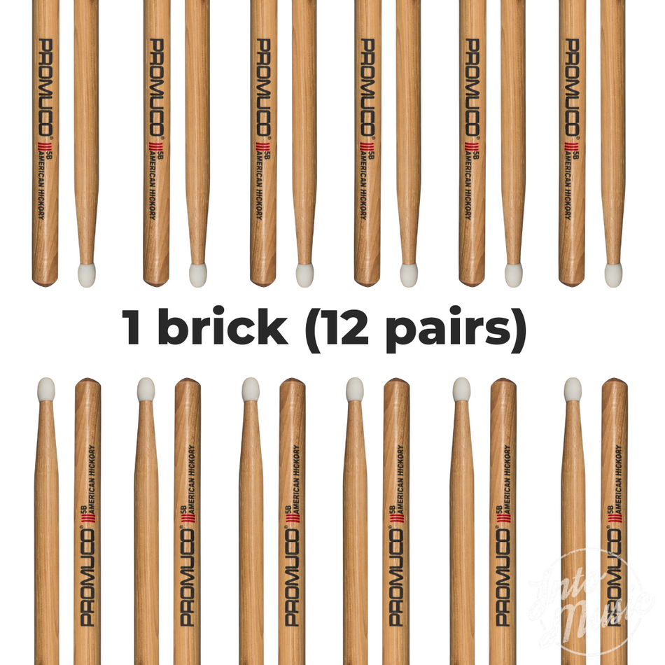 12 Pairs of Promuco Drumsticks Hickory Nylon Tip