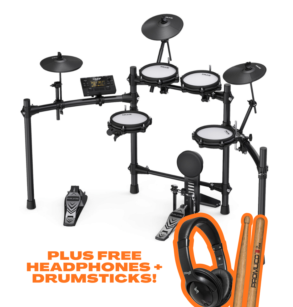 NUX DM-210 Digital Mesh Electronic Drum Kit – FREE Headphones & Drumsticks Worth £23.98