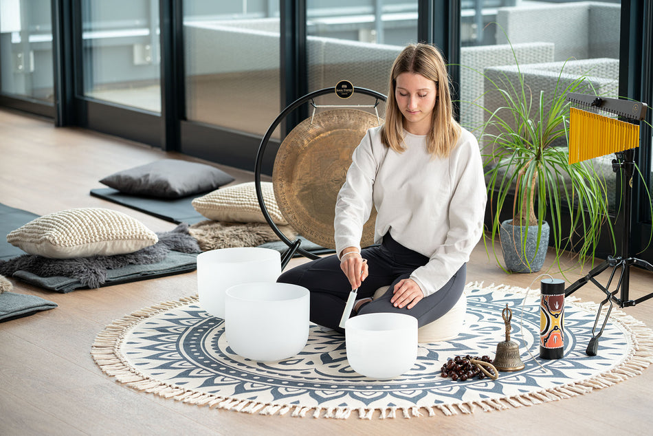 Sonic Energy Meditation Rug 78" / 200 cm - Navy Blue / Floral Design