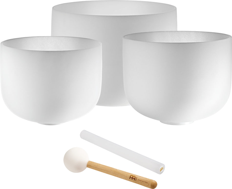 Meinl Sonic Energy Crystal Singing Bowls Set, white frosted, Note A4, F4, C4, Brow Chakra, Heart Chakra, Root Chakra