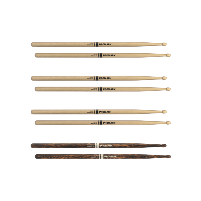 Promark Rebound 5B Hickory Drumstick, Acorn Wood Tip, FireGrain Bonus Four Pack